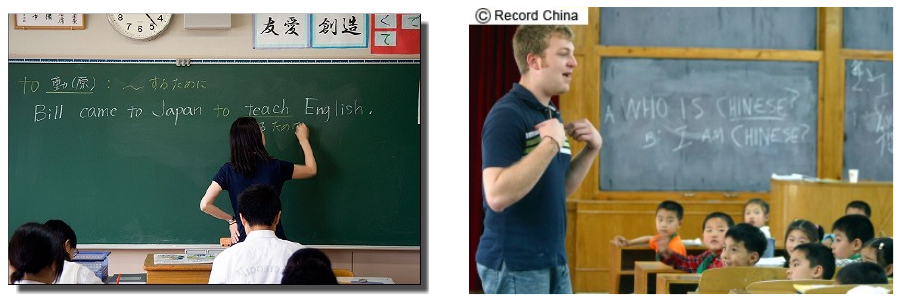 左:日本の中学の授業,右:南京市小学校の授業風景