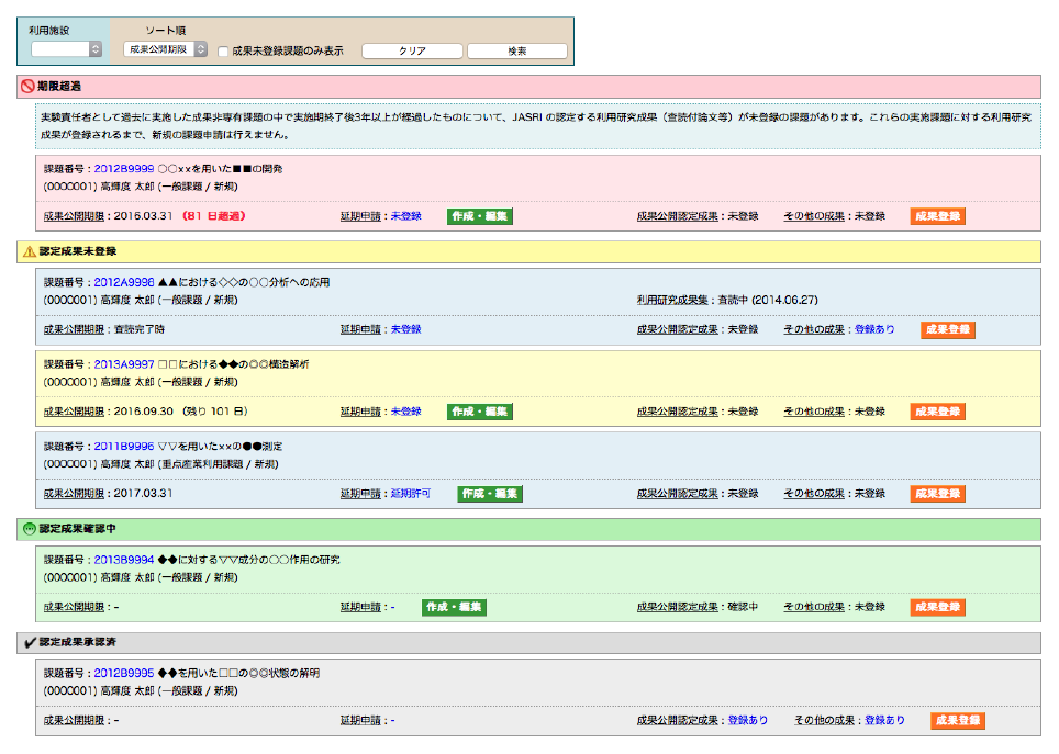 成果未登録課題一覧の表示例