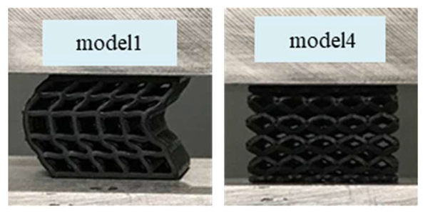 キューブ圧縮時の挙動（左：model1, 右：model4）