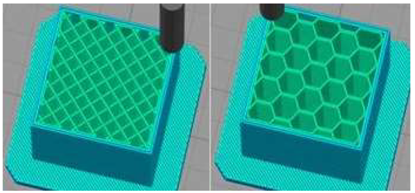 FDM方式でキューブを造形する際の,スライサによる充填パターン（左：Rectilinear,右：Honeycomb）