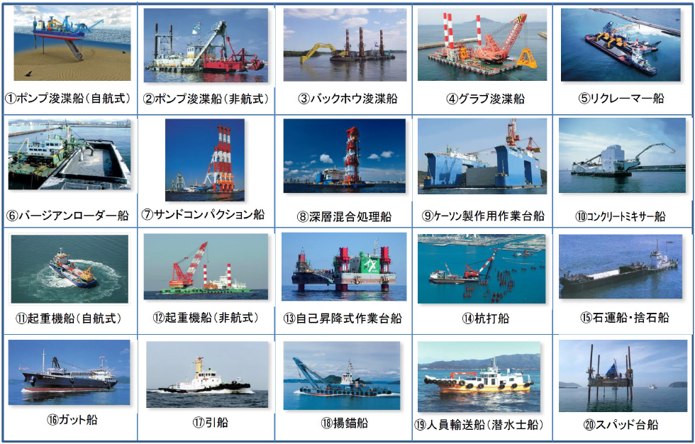 作業船の外観（資料提供（一社）日本海上起重技術協会）　Appearance of work vessel (by Japan Maritime Lifting Technology Association).