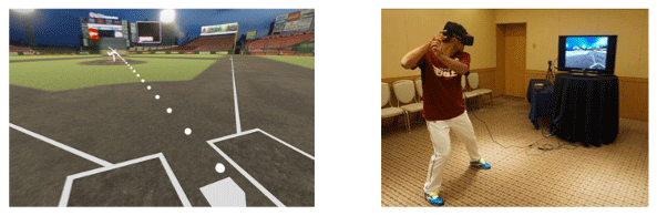 野球ピッチングVRの画面（左）とプロ野球選手の利用の様子（右）（[8]より引用）