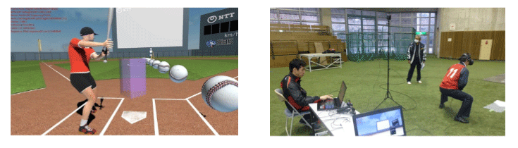 ソフトボールVRの画面（左）と審判の判定テストの様子（右）