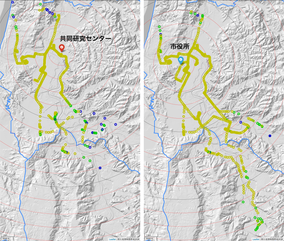 基地局設置場所の違いによる受信地点の比較（左：共同研究センター（南側），右：市役所）　Comparison of reception points according to difference of base station locations in south side of collaboration research center (left) and city office (right).