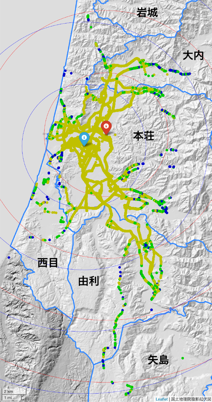 2019年8月，9月の受信地点（同心円は基地局設置場所から5 km，10 km，15 kmを表す）　Reception points in Aug. and Sep. 2019 (Concentric circles indicate 5 km, 10 km and 15 km from the base station locations).