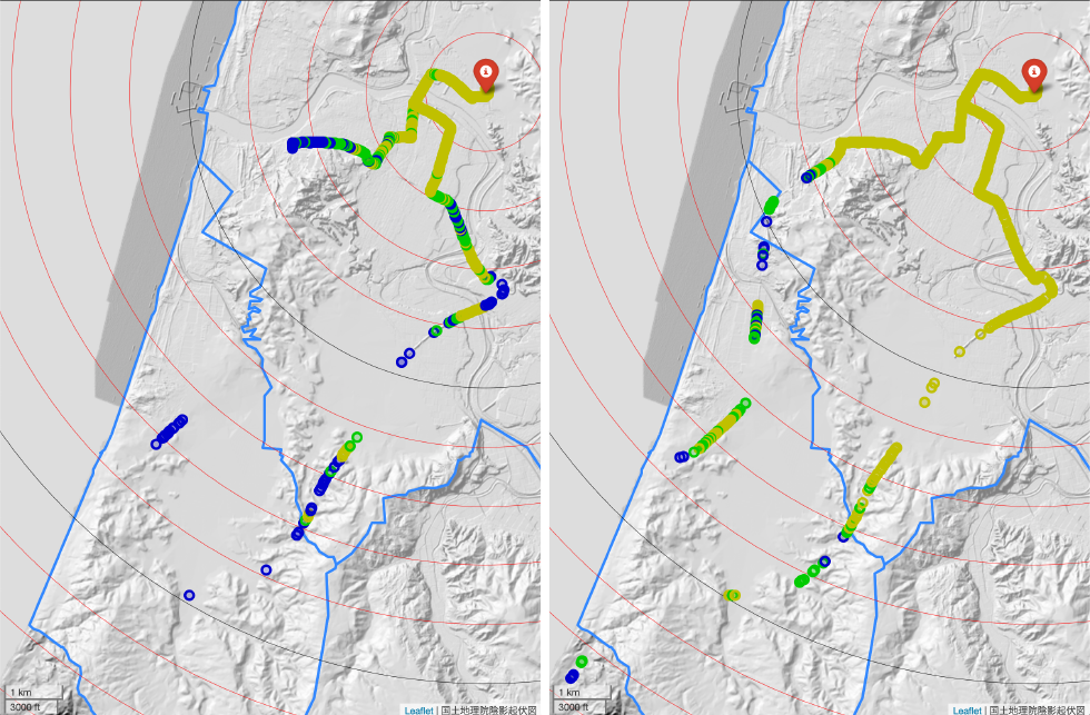 受信地点と受信信号強度（左：対策前，右：対策後）　Received location and signal strength before and after resolution.