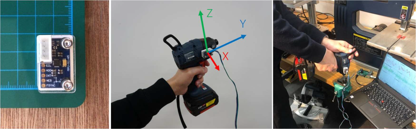 （左）9軸センサモジュールの外観，（中）9軸センサーを取り付けた電動ドライバーと3軸方向，（右）データ取得の様子　(Left) The appearance of the 9-axis sensor module. (Center) Electric screwdriver with 9-axis sensor and 3-axis direction. (Right) Data acquisition.