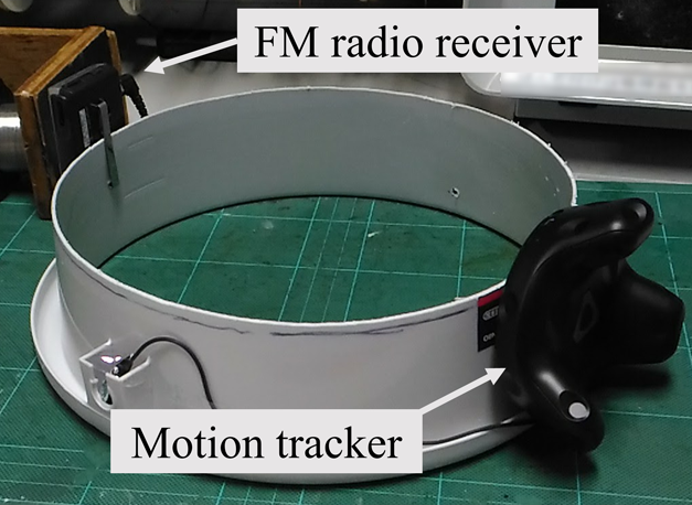 Prototyping of Sight using a cut polyethylene bucket, a tracking sensor, and an FM radio receiver.