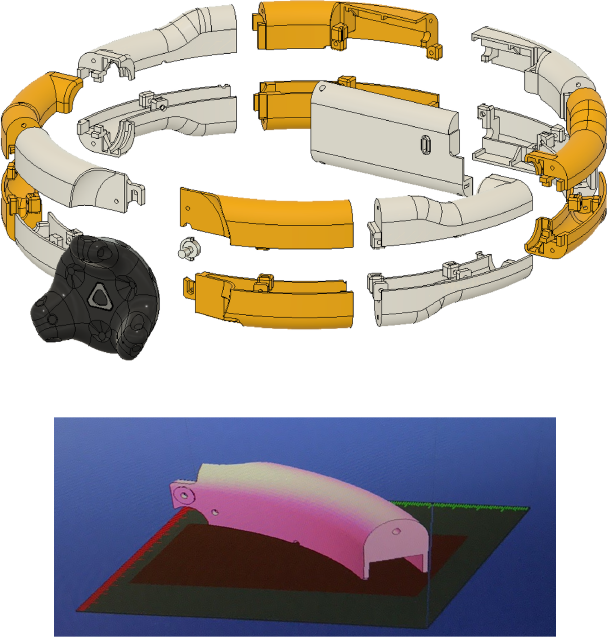 (Top) The 3D modeling of Sight with its splitting information. (Bottom) Preview of the 3D printing of a part model. The green area indicates the printer workspace.