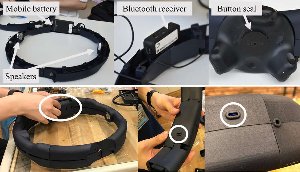 (Top) System components in the housing of Sight. (Bottom) From left to right: a battery replacement lid, an observation window for checking the status of the battery, and an observation window for checking the status of the Bluetooth receiver.