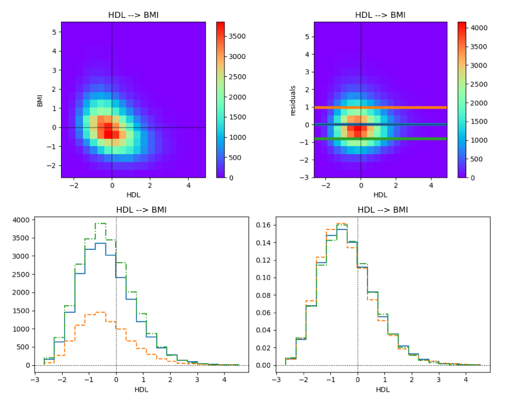 70代女性についてHDL とBMIの2 次元密度プロット（左上）を，HDLを説明変数，BMIを目的変数として直線回帰したときのHDLに対する残差の密度分布（右上）．この密度分布をx 軸に平行な直線で切った断面（左下）と，それらを規格化して条件付き分布として表現したグラフ（右下）