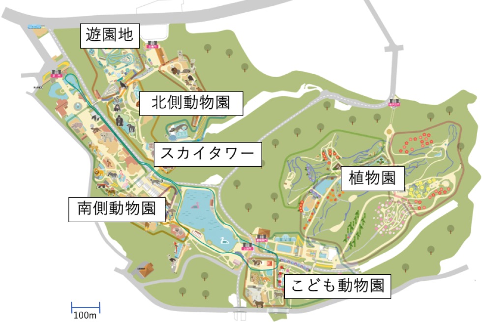 東山動植物園のマップ　Map of Higashiyama Zoo and Botanical Garden.
