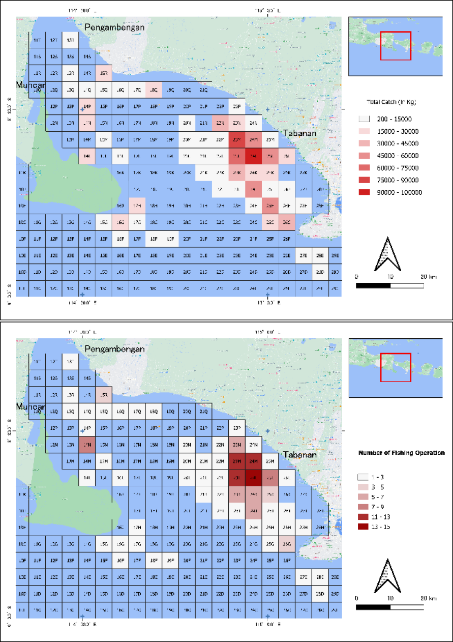 Total spatial productivity of sardine fishery based on data extracted and processed from the MICT-L database and GPS Tracker database. Upper panel indicates the total catch for each grid; lower panel shows the number of fishing operations in each group.