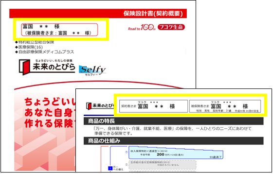 個人情報をマスキングした保険設計書