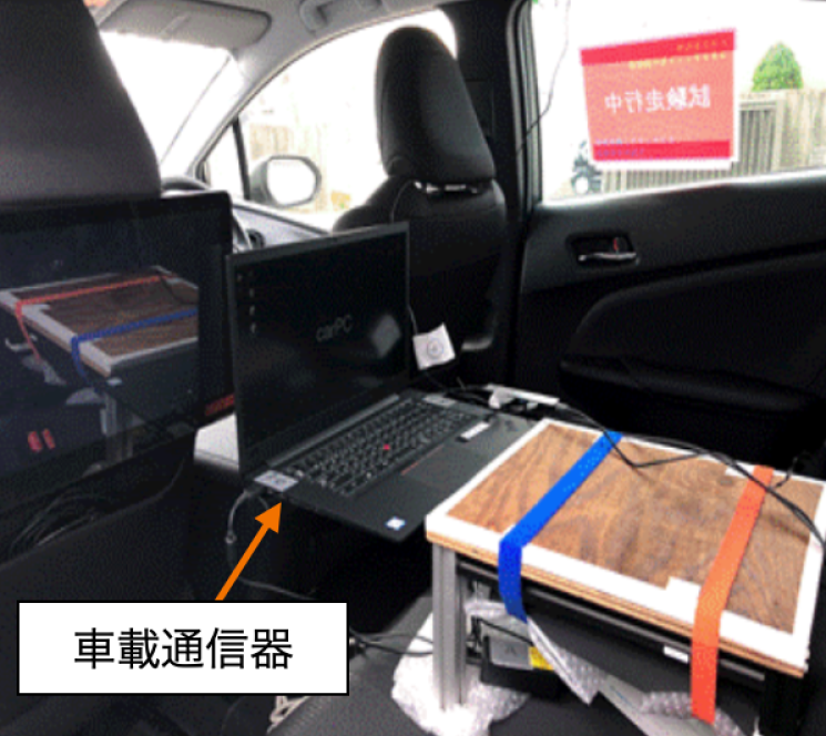 試験車：車載通信器の設置環境　Inside test car: vehicular communication device.