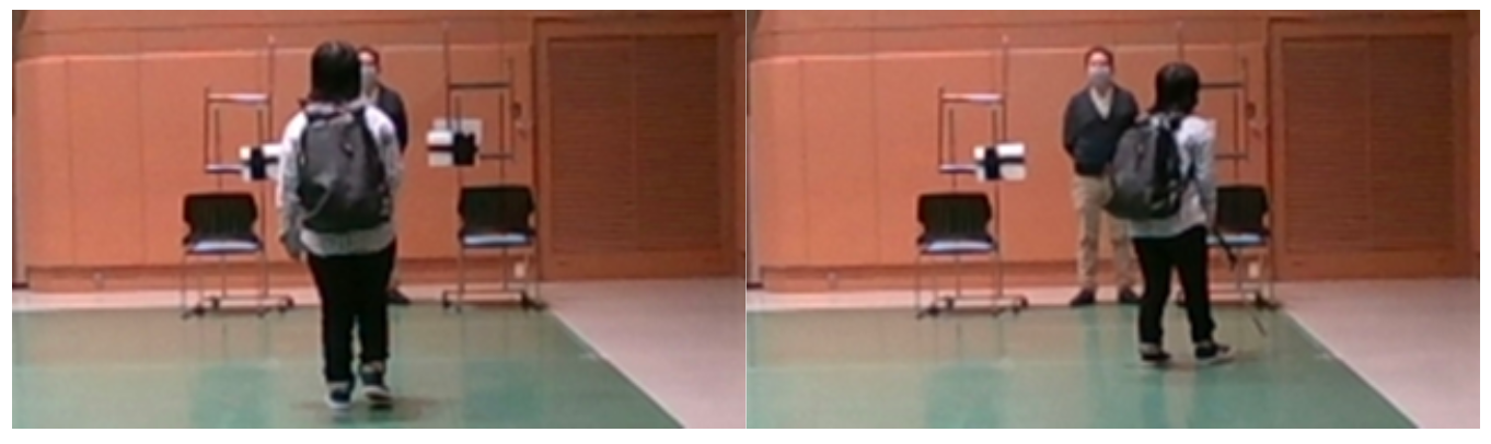 京都ライトハウスでの実証実験の様子（左）回避前（右）回避後