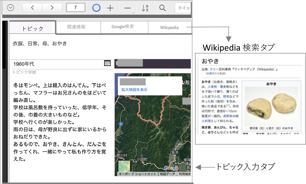 トピック入力タブ画面と検索例　Example of a topic input tab with a search tab.