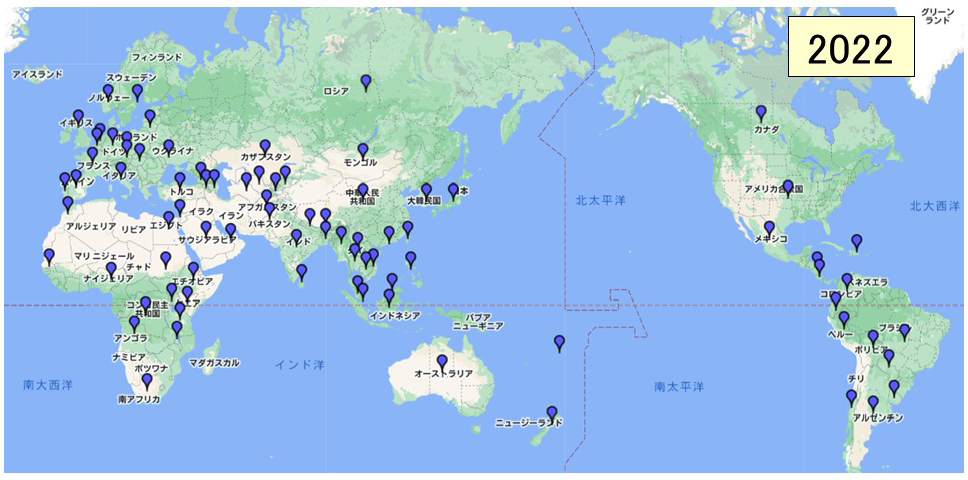 活動が展開されている82カ国の世界地図