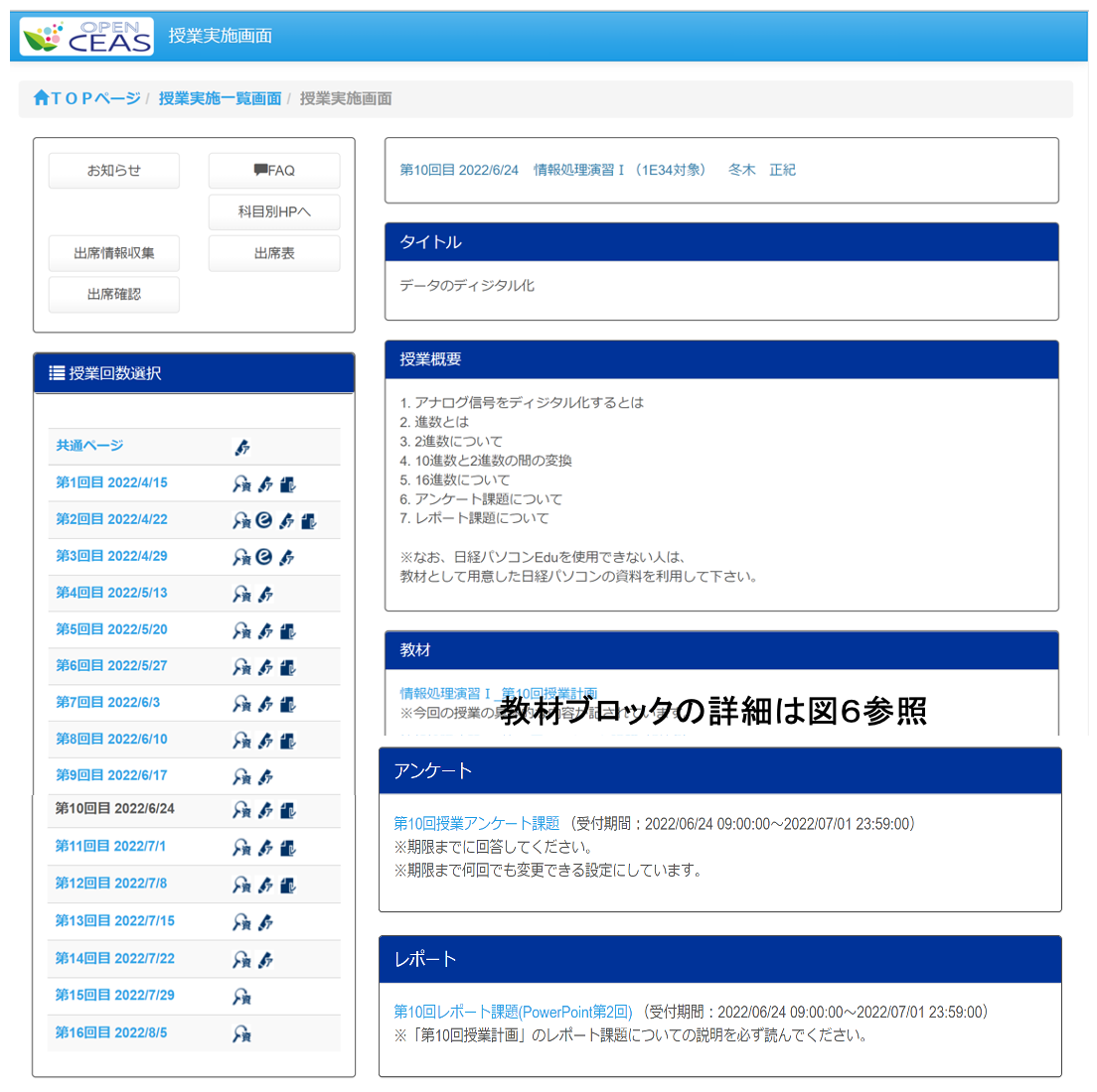 「授業回数ごと教材割付表現」の具体的表示画面例