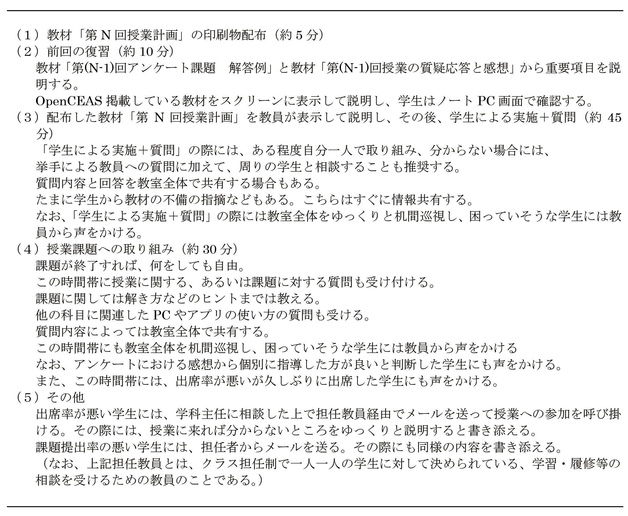 授業実施の活動と時間配分