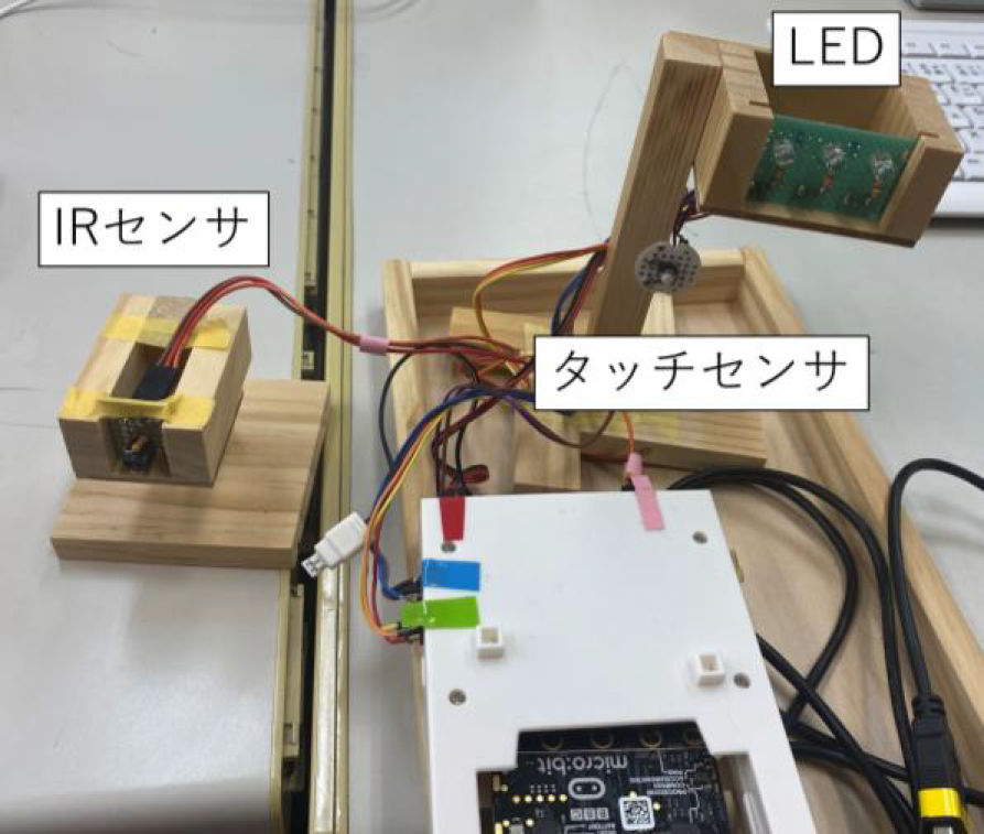 授業で使用された信号機の模型　Model of a traffic light used in class.