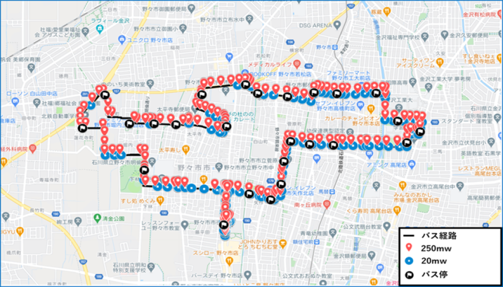 LoRaを用いたバスロケーションシステムの実験とバス停間隔　Experiment result of bus location system with LoRa and the location of bus stops.