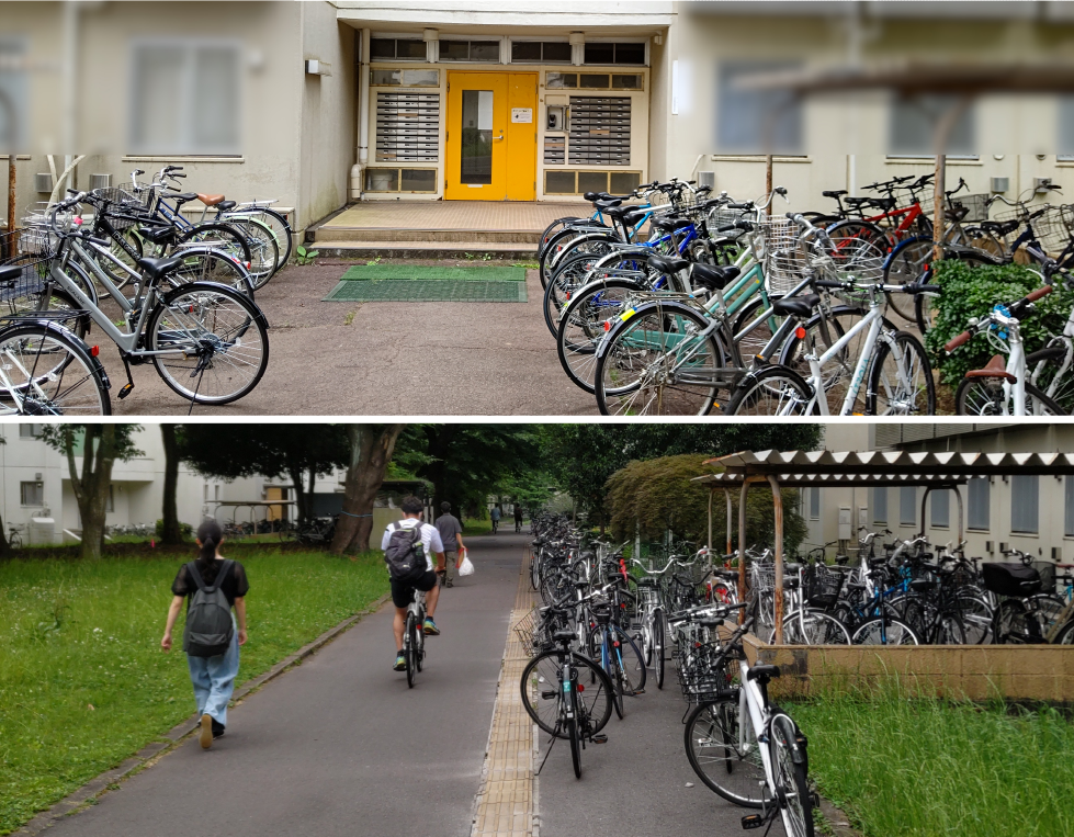 宿舎前の自転車置き場の様子　Bicycles parked in front of the dormitory.