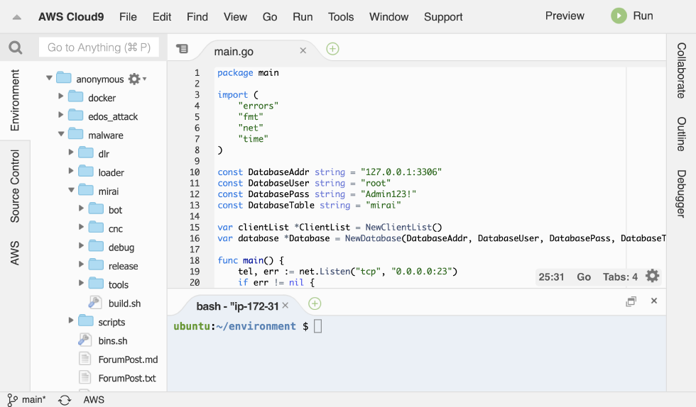 AWS Cloud9の操作画面　An operation screen of AWS Cloud9.