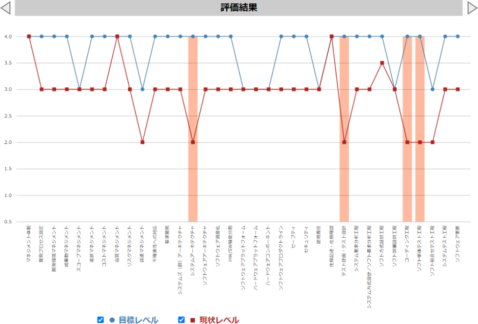 セルフアセスメント環境の画面例（値は説明用のダミー）　Example of self-assessment interface: evaluation results screen (values shown are dummy data).