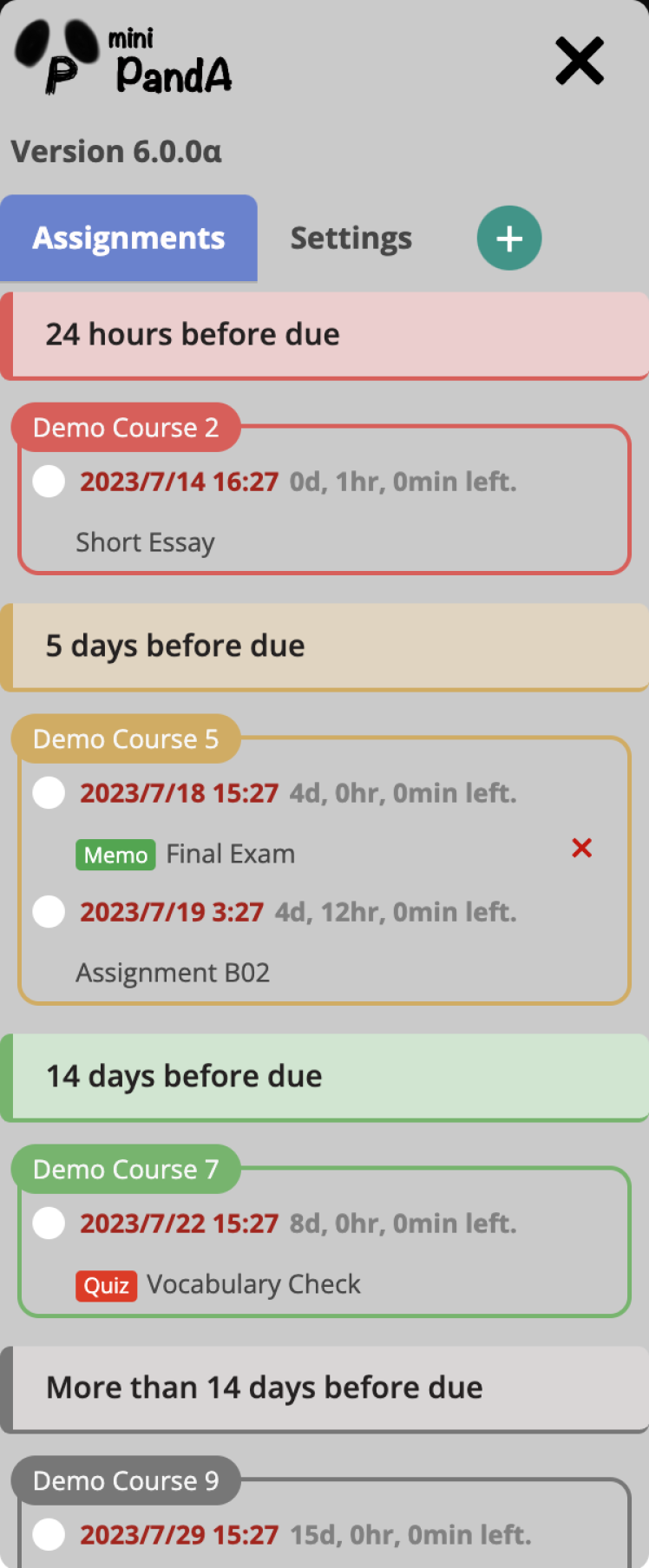 miniPandA showing the list of assignments and test&quizzes.