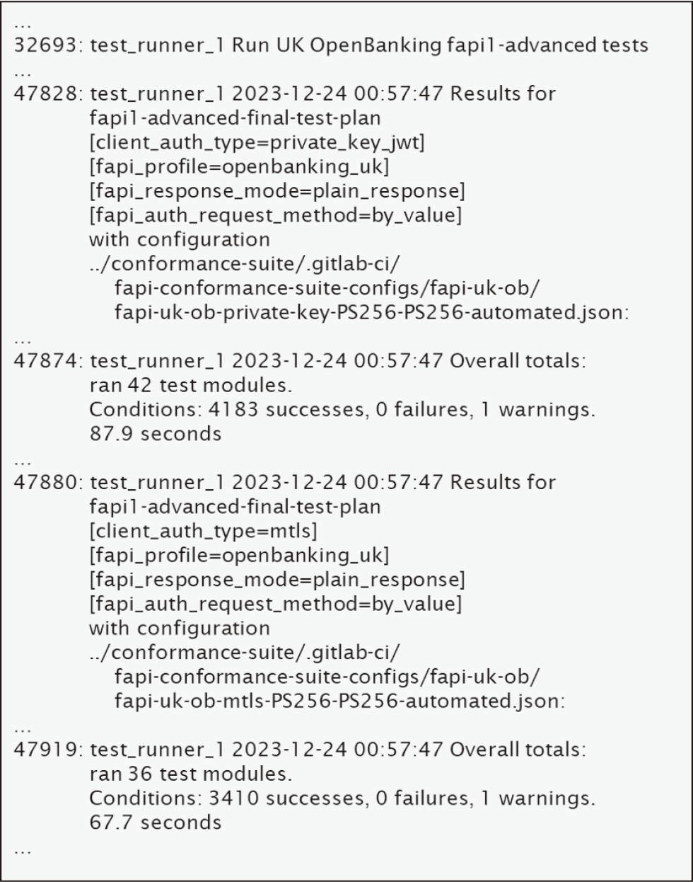 Log of the conformance test (partial excerpt).
