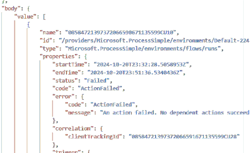 「Get Flow Runs」がAPIから取得する実行履歴の例　Execution history obtained from the API named “Get Flow Runs”.