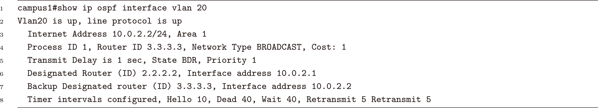 実機ネットワークにおけるcampus1のVLAN20のOSPFの情報（一部）●List 4 OSPF information for VLAN 20 in campus1 in the physical network (partial).