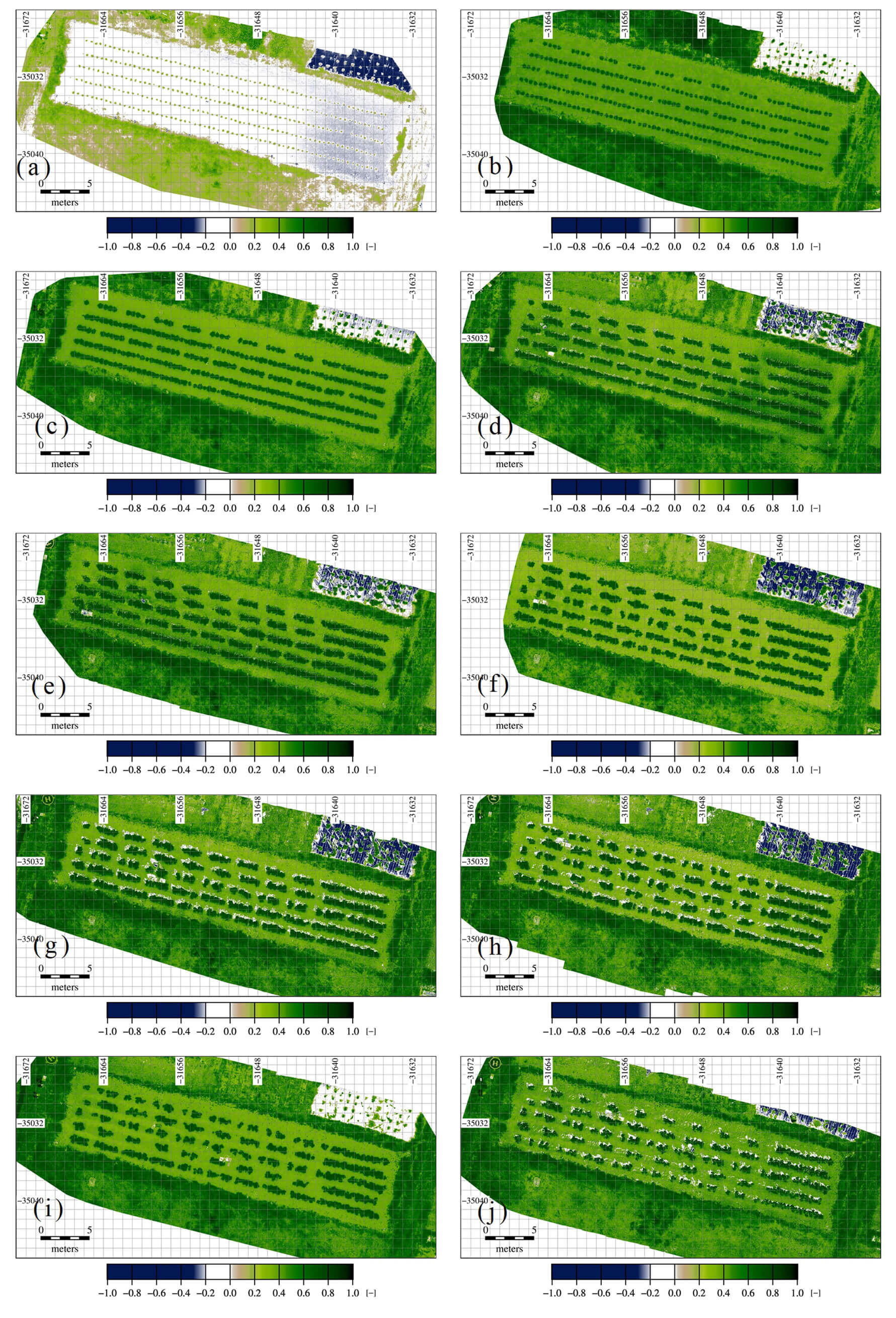 図7　GNDVIの時系列変化（（a）278DOY，（b）285DOY，（c）292DOY，（d）299DOY，（e）306DOY，（f）313DOY，（g）320DOY，（h）328DOY，（i）334DOY，（j）342DOY）