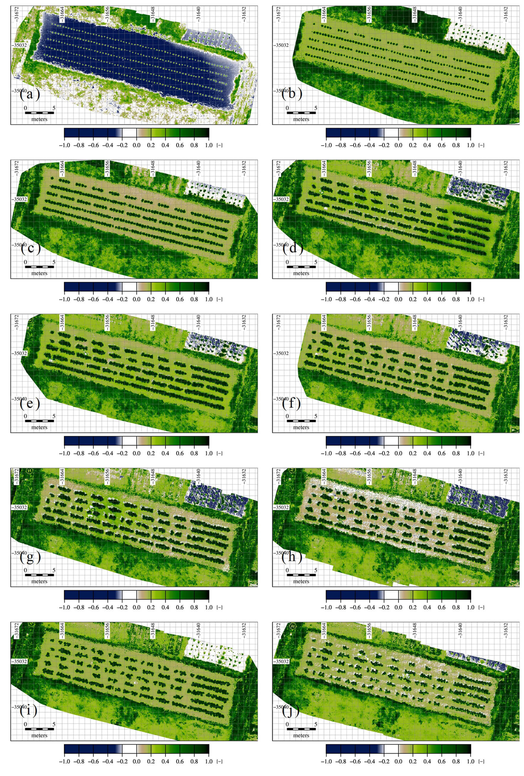 図8　NDVIの時系列変化（（a）278DOY，（b）285DOY，（c）292DOY，（d）299DOY，（e）306DOY，（f）313DOY，（g）320DOY，（h）328DOY，（i）334DOY，（j）342DOY）