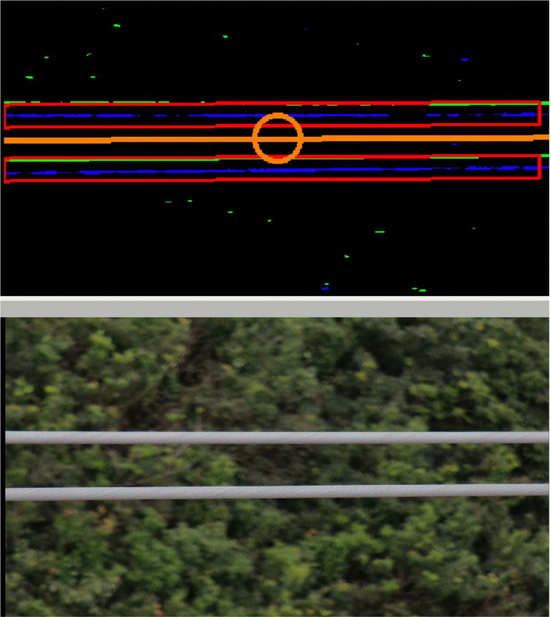 図6　AIによる送電線認識とカメラ制御（画像上半分がAIによる認識，下半分が実際の撮影画像）（出典：センシンロボティクス（https://www.sensyn-robotics.com/））