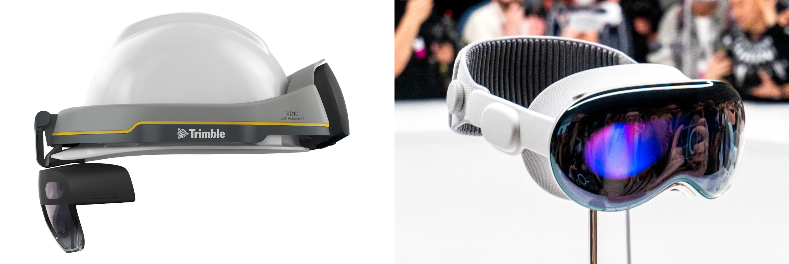 図10　ARゴーグルとヘルメットが一体となったTrimble社のXR10（左）と，Apple社のVRゴーグルApple Vision Pro
