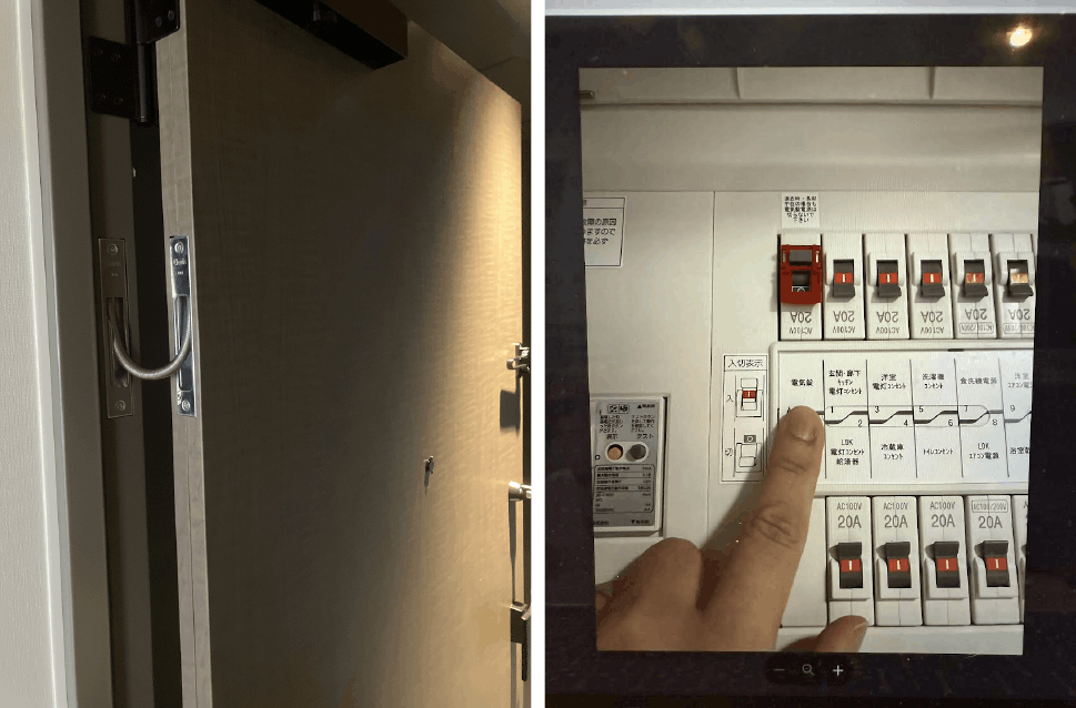 左：顔認証デバイスへの電源供給（専用部）●右：顔認証デバイス専用の分電盤回路●Fig. 3　Left: Power supply to the facial recognition device (dwelling unit).●Right: Dedicated breaker circuit for the facial recognition device.