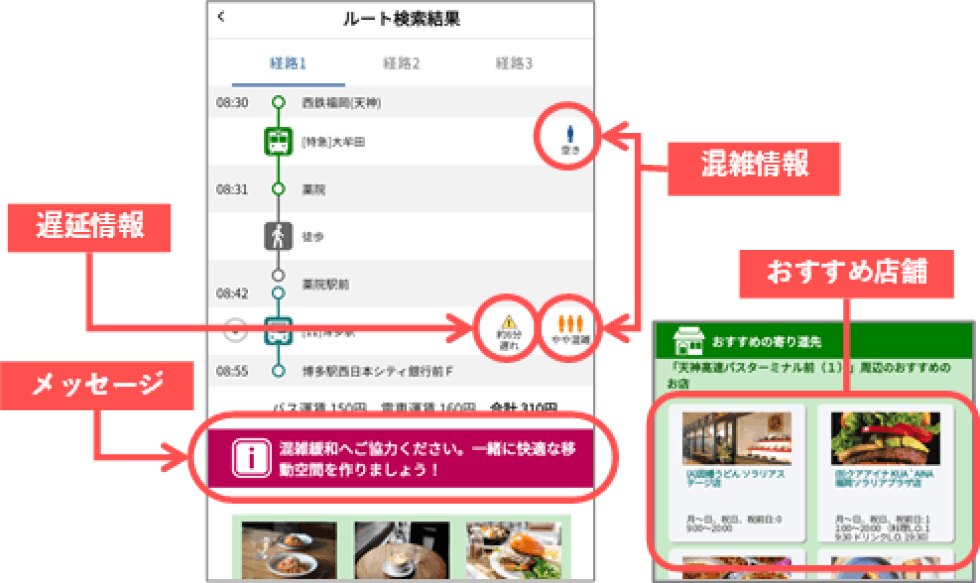 経路検索結果とともに表示する情報　Information on route search results screen.