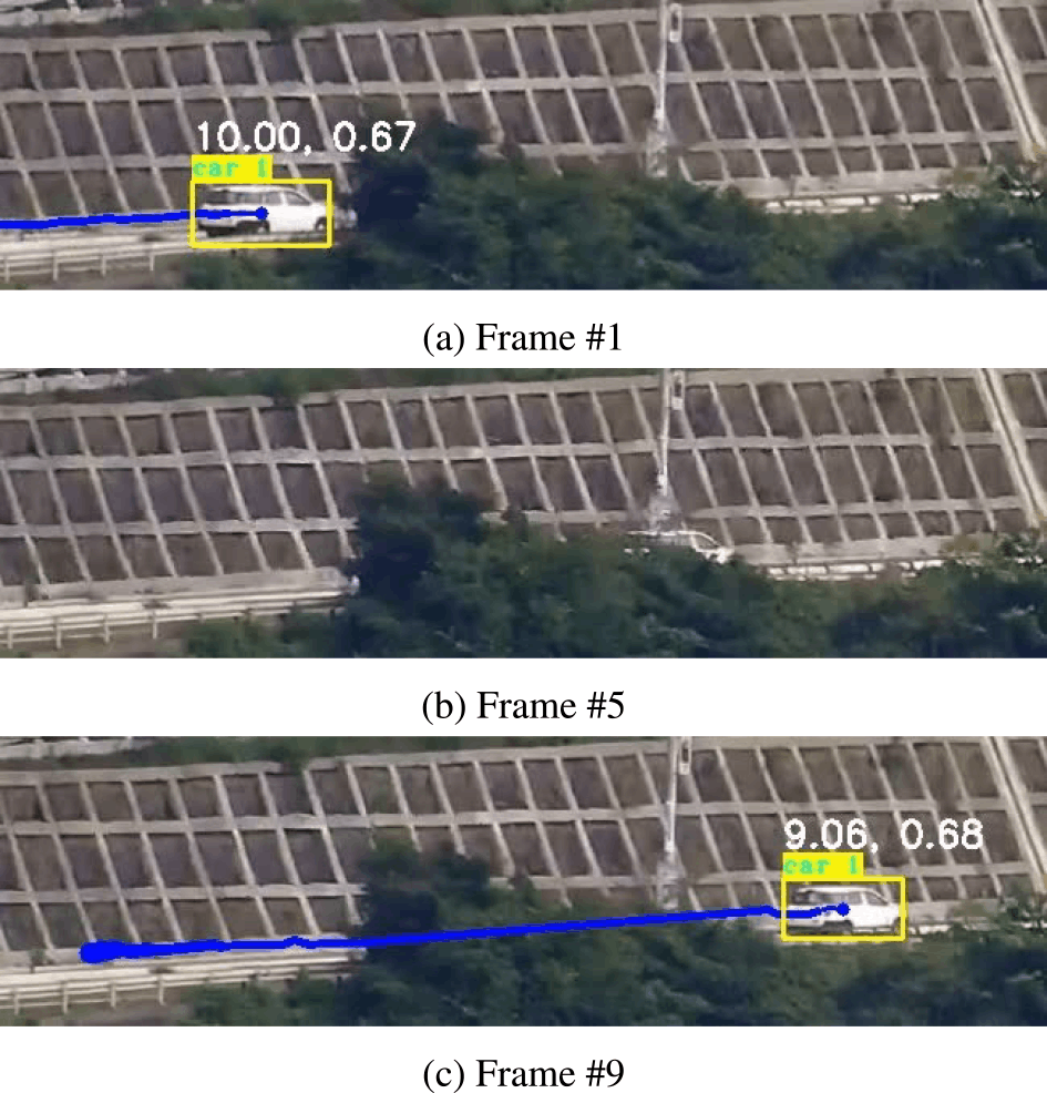 Tracking result of (1)Frame 1, (2)Frame 5, (3)Frame 9, white numbers represent the pixel movement and the meter conversion.