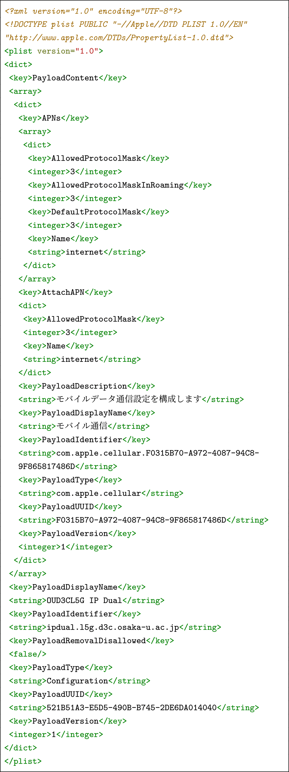 構成プロファイルの内容　Contents of the configuration profile.