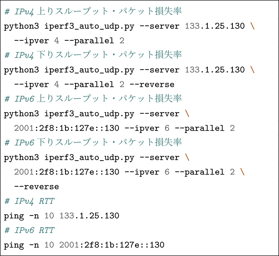 性能評価用コマンド　Commands used for performance evaluation.